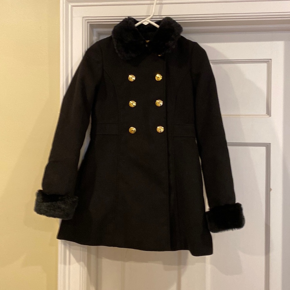 Black girls dress coat with faux fur collar and cuffs. Worn once.
